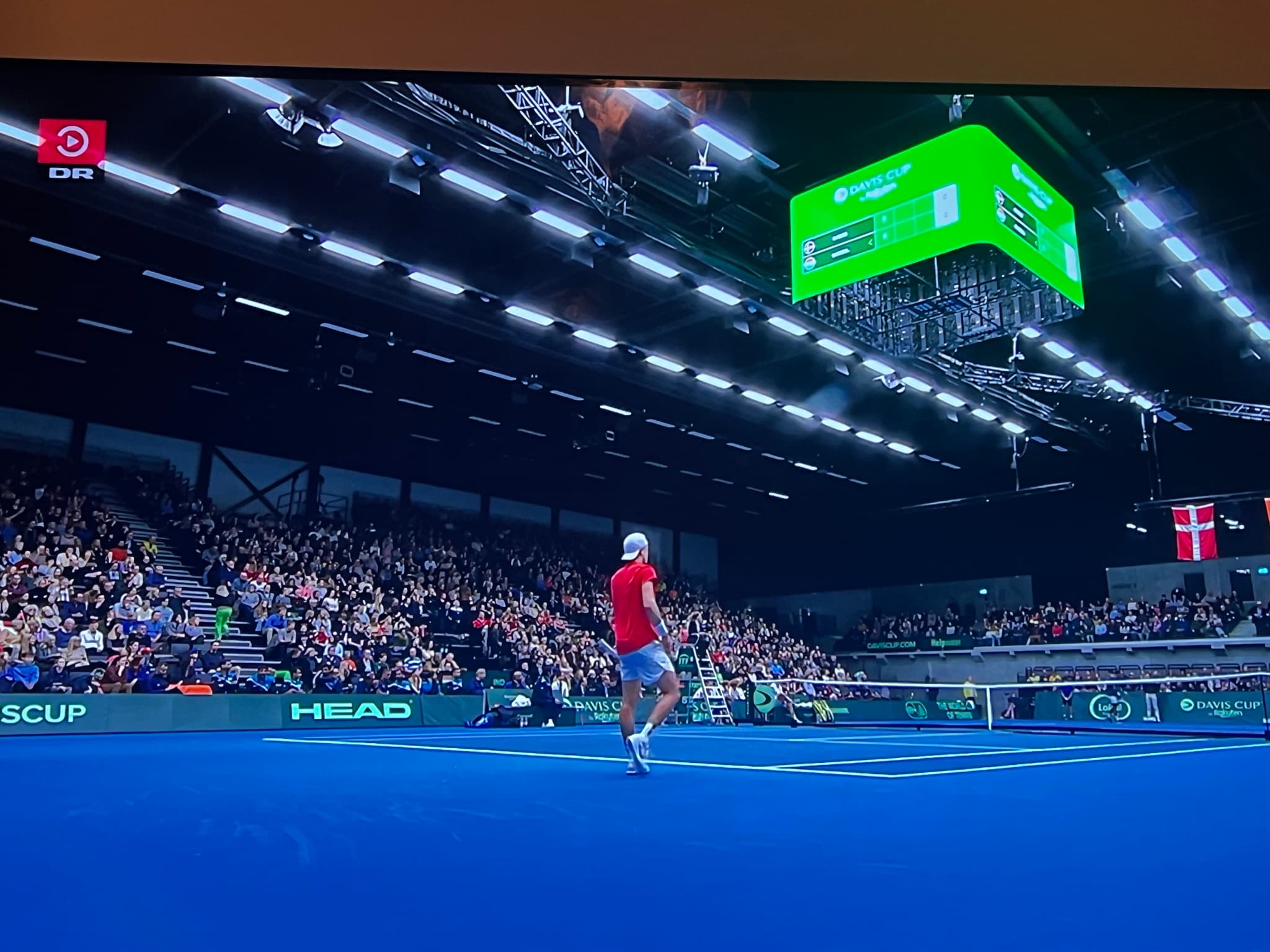 Scoreboard setup courtside during the Davis Cup at Royal Stage, Hillerød